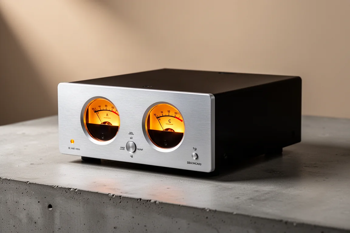 Silver and black hi-fi digital-to-analog converter with two round amber meters on a concrete surface