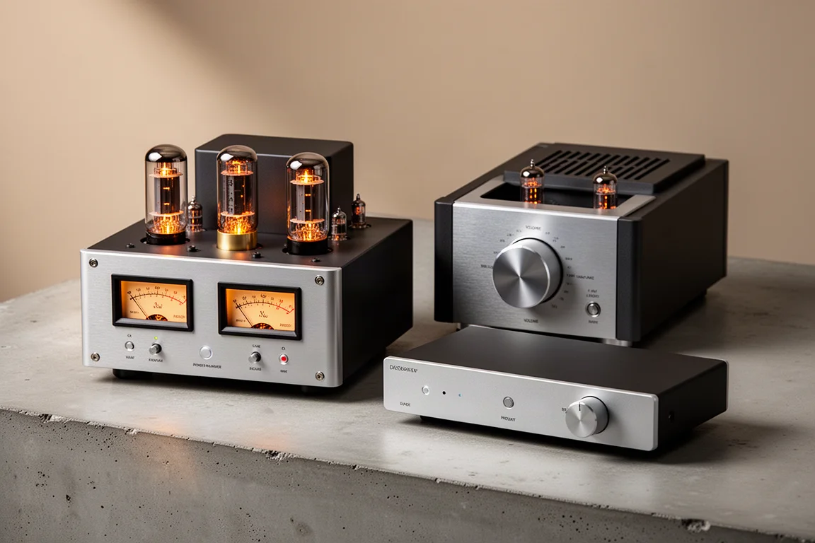 Three Lab 12 audio components, a tube power amp, tube preamp and passive preamp, on a concrete surface