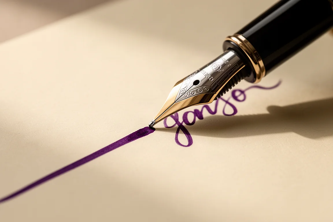 Caneta-tinteiro escrevendo um traço roxo largo e saturado em papel creme