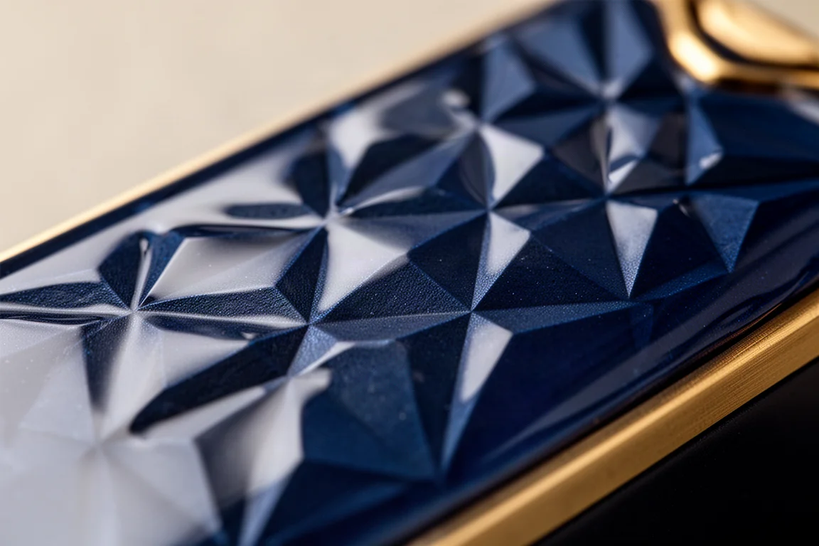 Close-up of diamond guilloche patterning on a blue metal fountain pen barrel