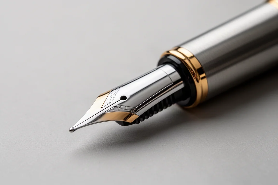 Two-tone stainless steel fountain pen nib resting on a neutral surface