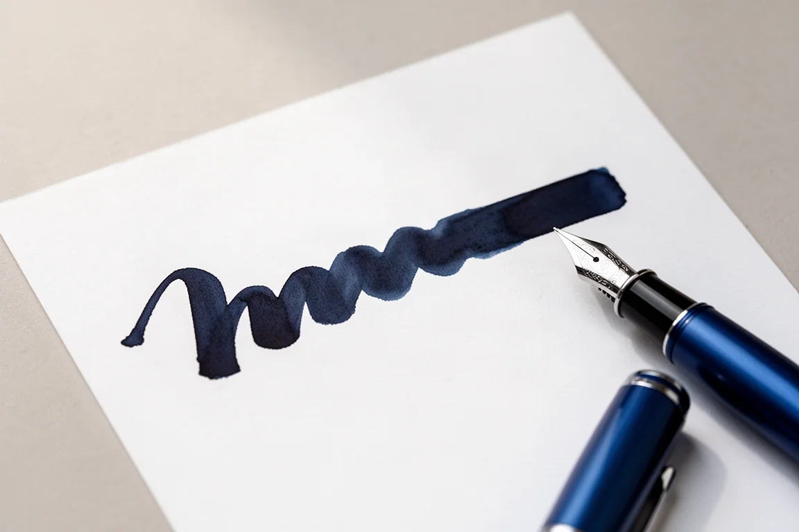 Deep navy blue fountain pen ink flowing on white writing paper