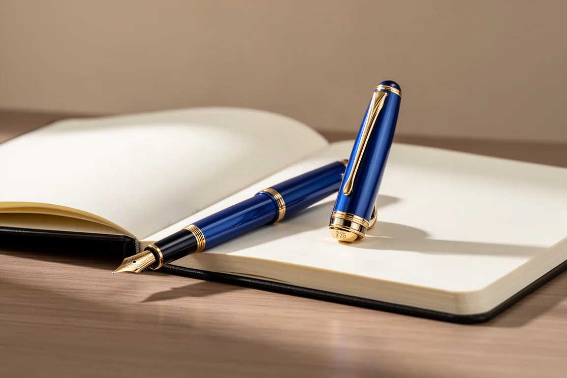 Fountain pen posted with cap attached, held ready on a desk