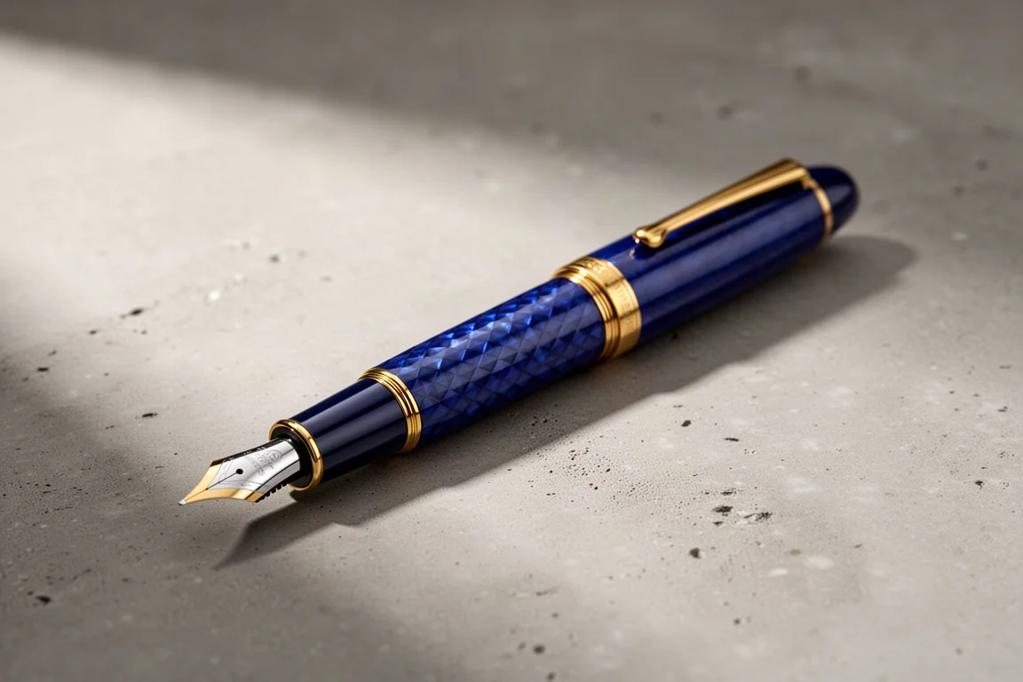 Sapphire blue brass fountain pen with guilloche pattern and gold trim on concrete