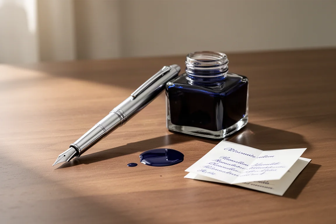 Hand schreibt auf cremefarbenem Papier mit einem Füllfederhalter mit breiter Feder und blauer Tinte
