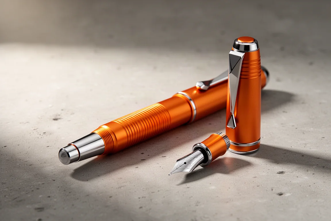 Orange aluminum Labon Solar fountain pen with machined grooves on a concrete surface