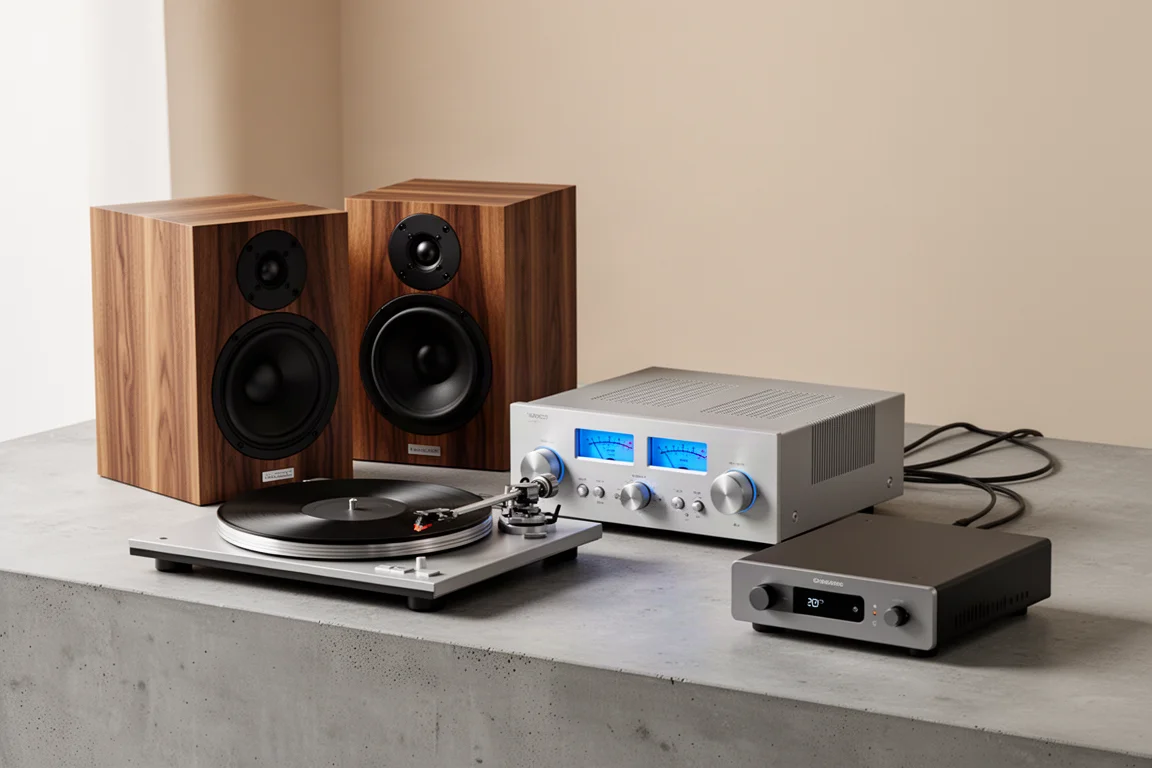 Collection of audio equipment on concrete surface