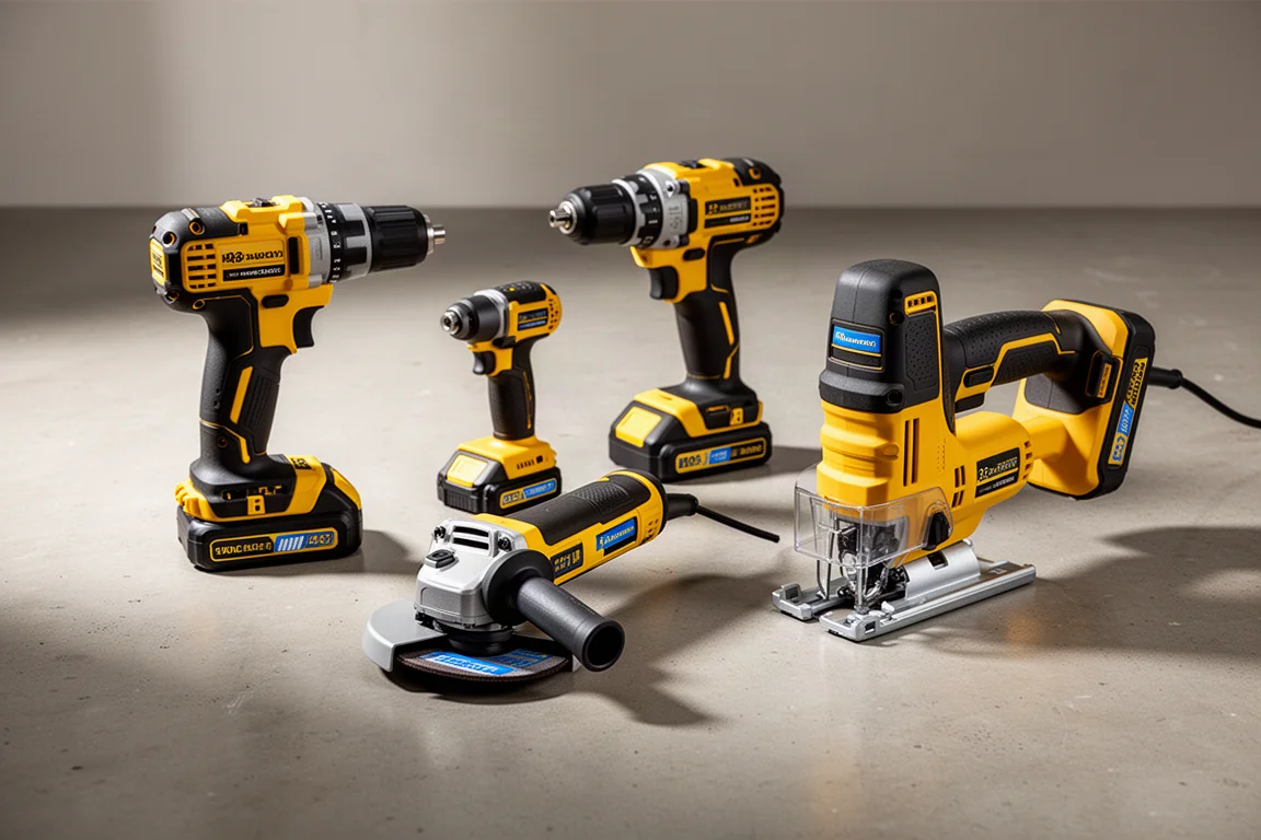 Assorted cordless power tools arranged on a concrete workshop floor