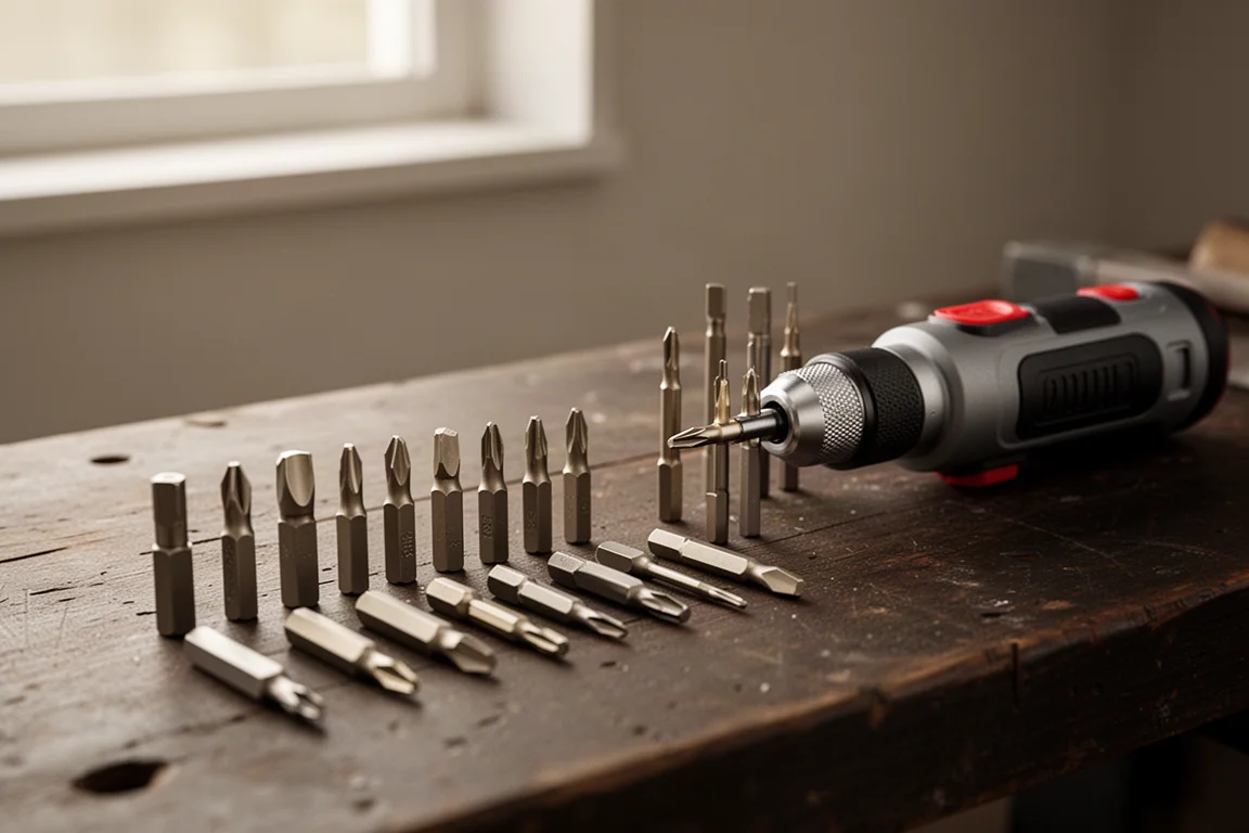 Assorted precision screwdriver bits arranged on a wooden workbench