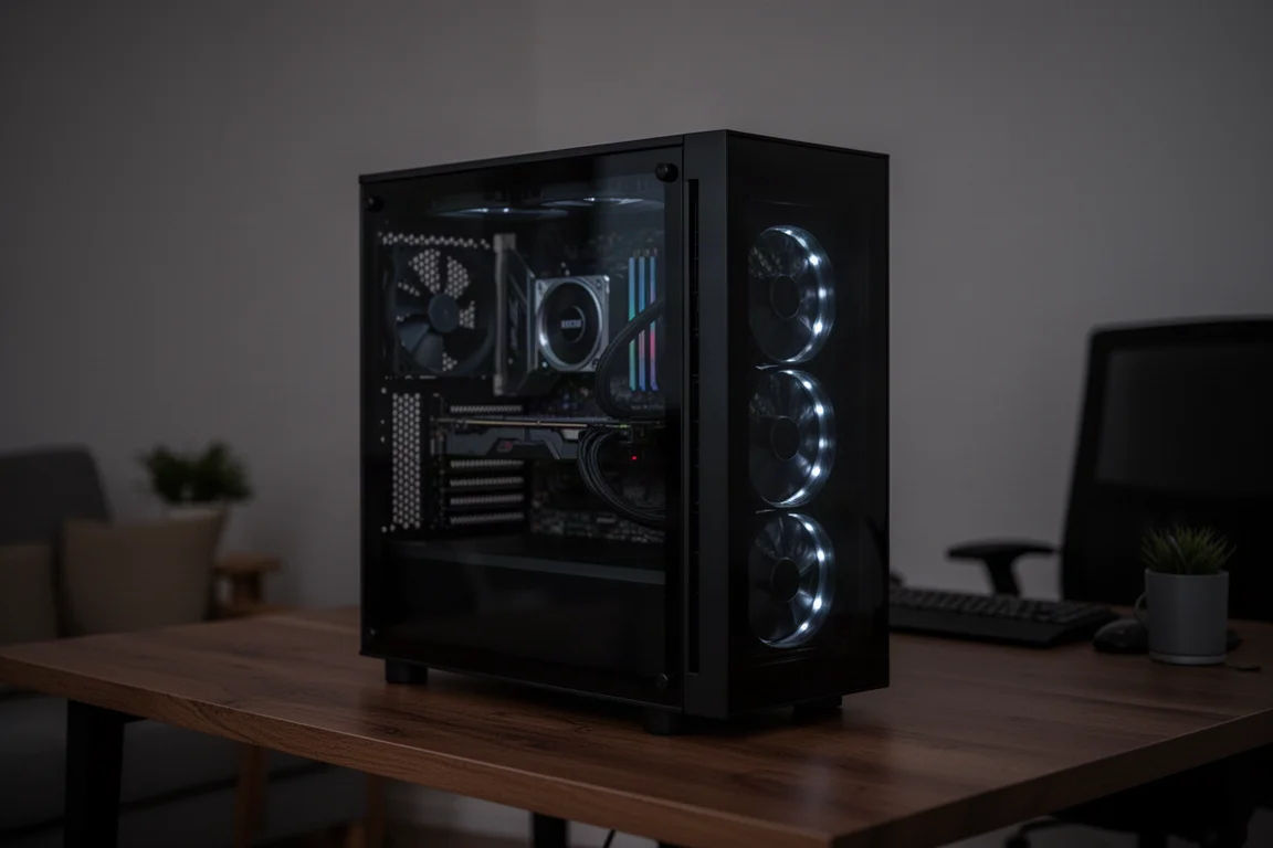 Desktop computer case glowing softly in a dim room at night