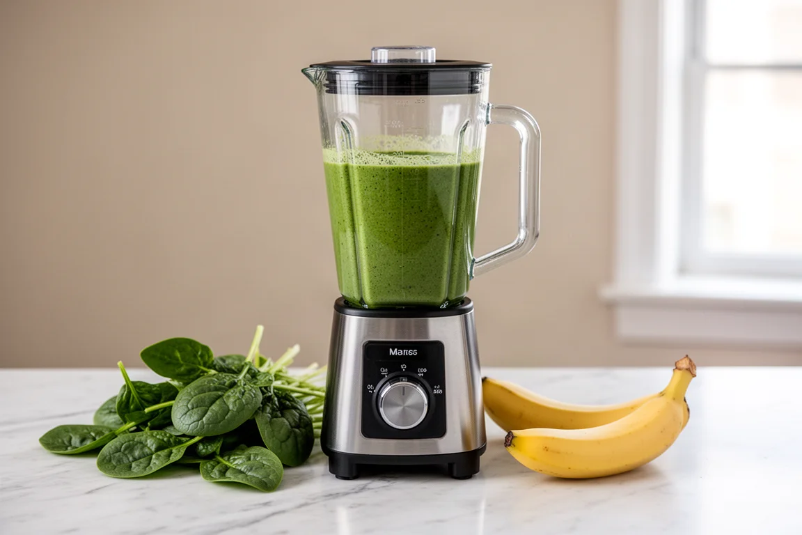 Blender pitcher filled with a smooth green smoothie on a kitchen counter