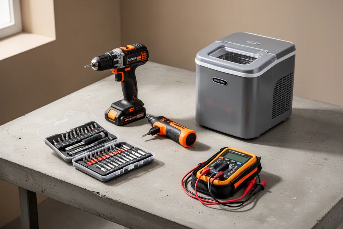 Assorted tools and gadgets arranged on a concrete workbench surface