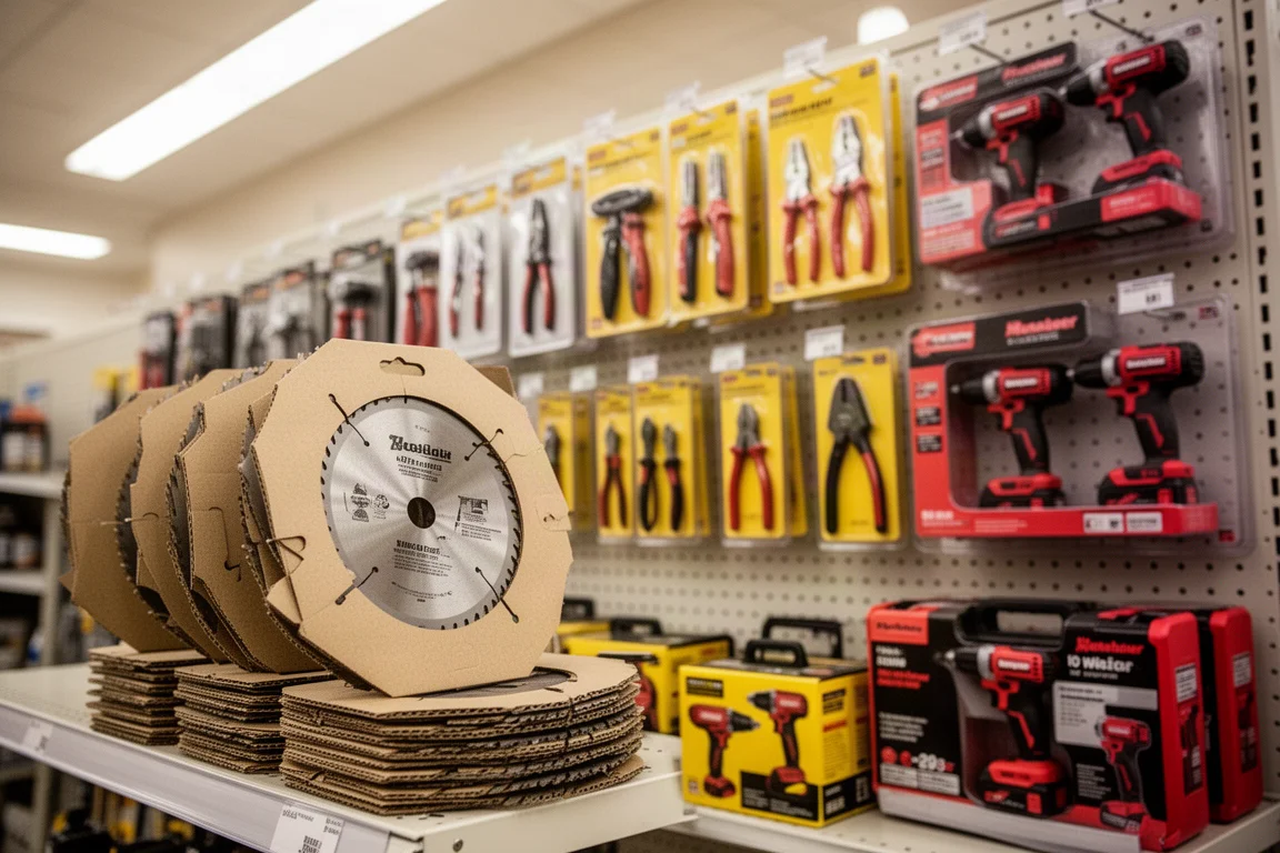 Zaagbladen en handgereedschap uitgestald op een reclametafel in een winkel