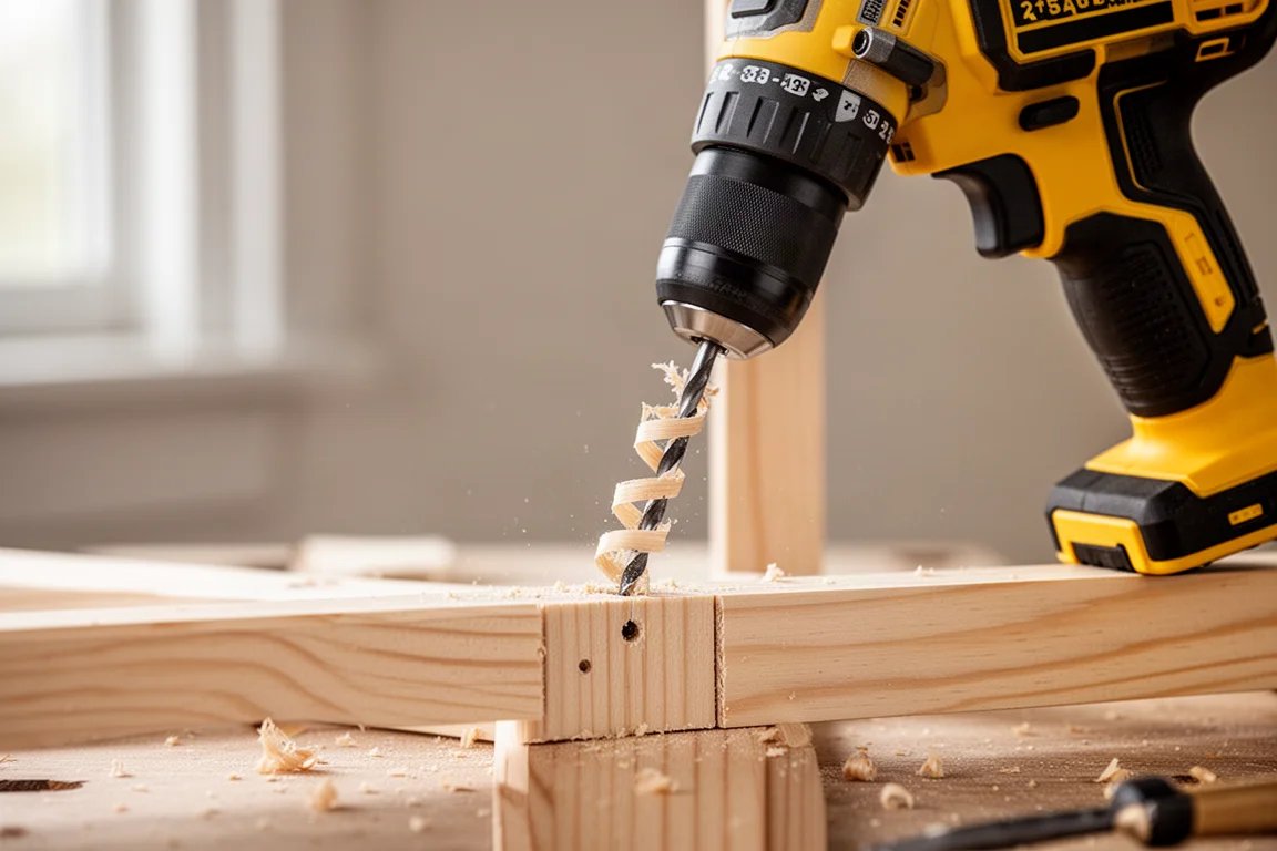 Accu-klopboormachine die een gat boort in een houten stijl