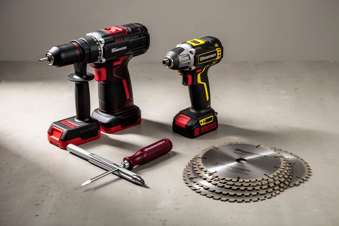 Cordless drills, screwdriver, and saw blades arranged on a concrete surface