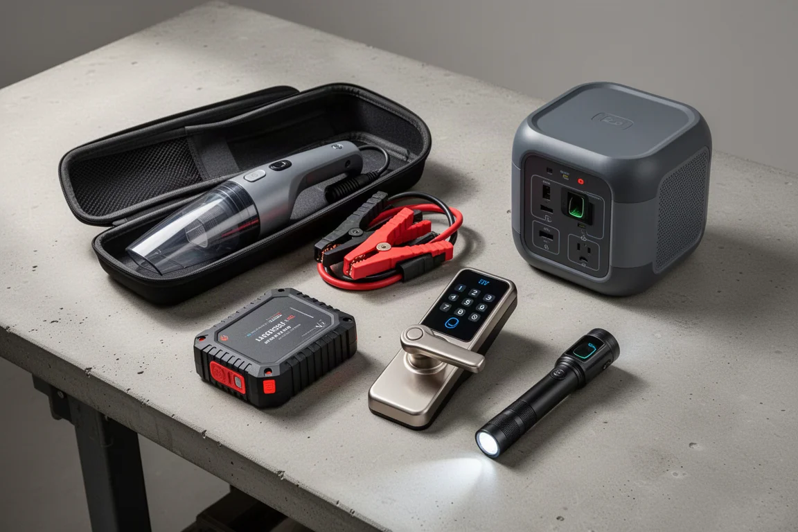 Cordless drill, string trimmer, and small grill arranged on concrete floor