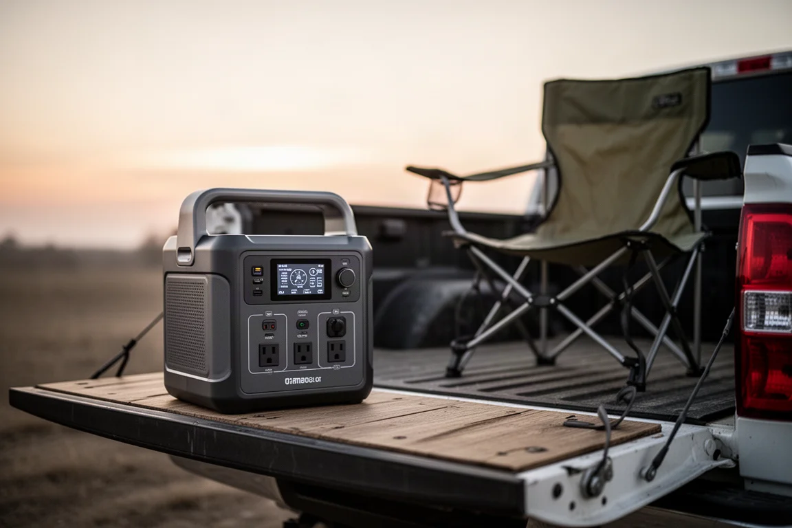 Estación de energía portátil con control por app instalada junto a una silla de campamento al atardecer
