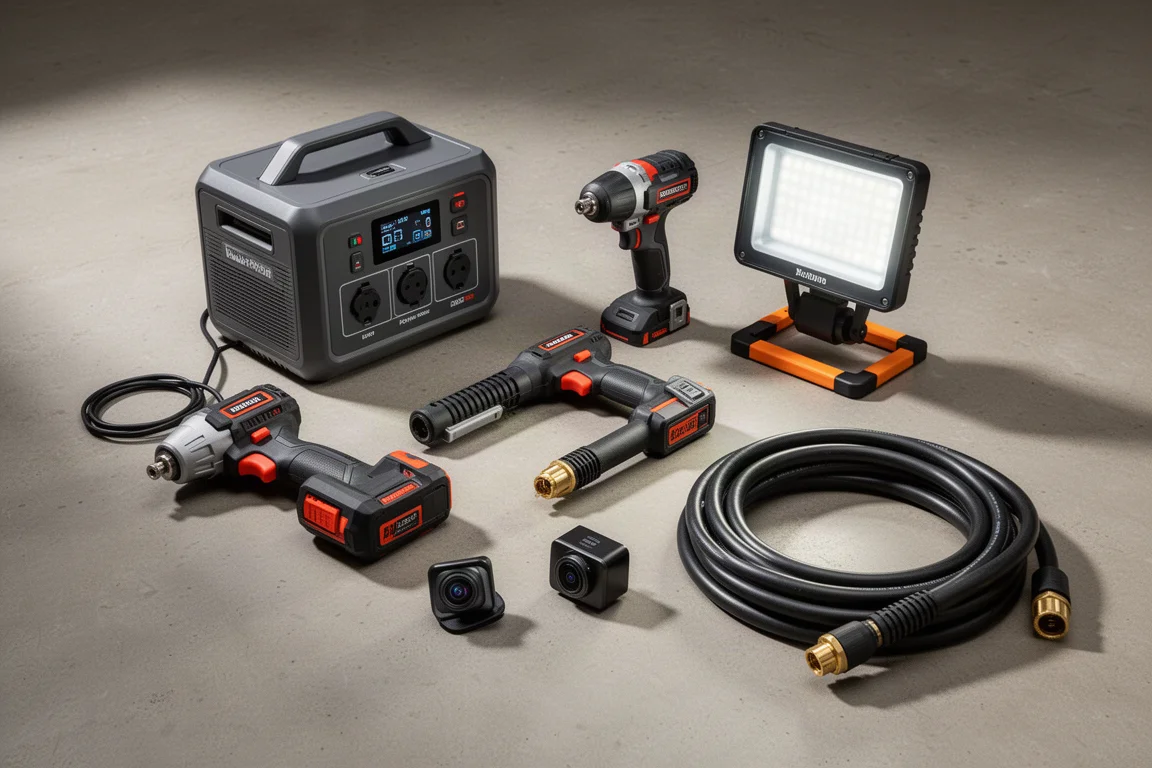 Flat-lay of power station, cordless tools, area light, dash cam, and pressure washer hose on concrete