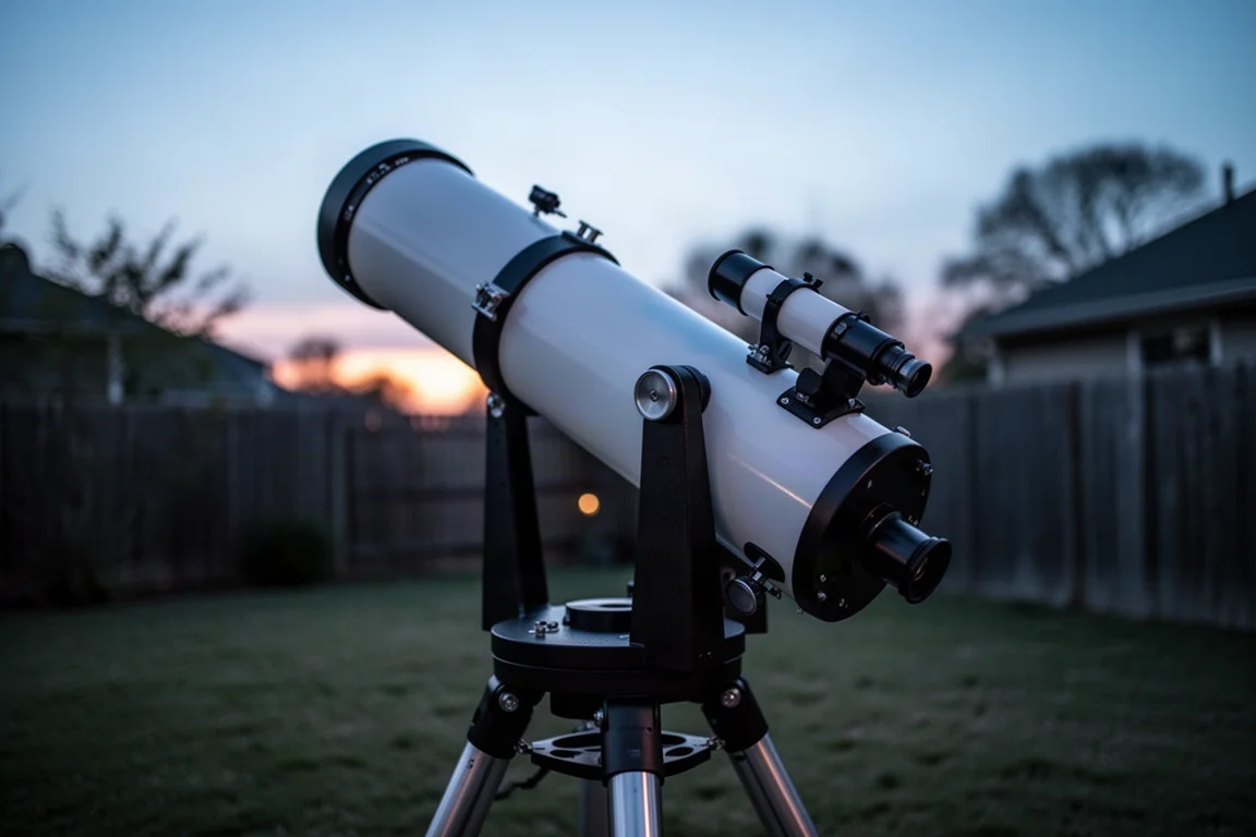 一架为晚间观测架设好的 Dobsonian 望远镜
