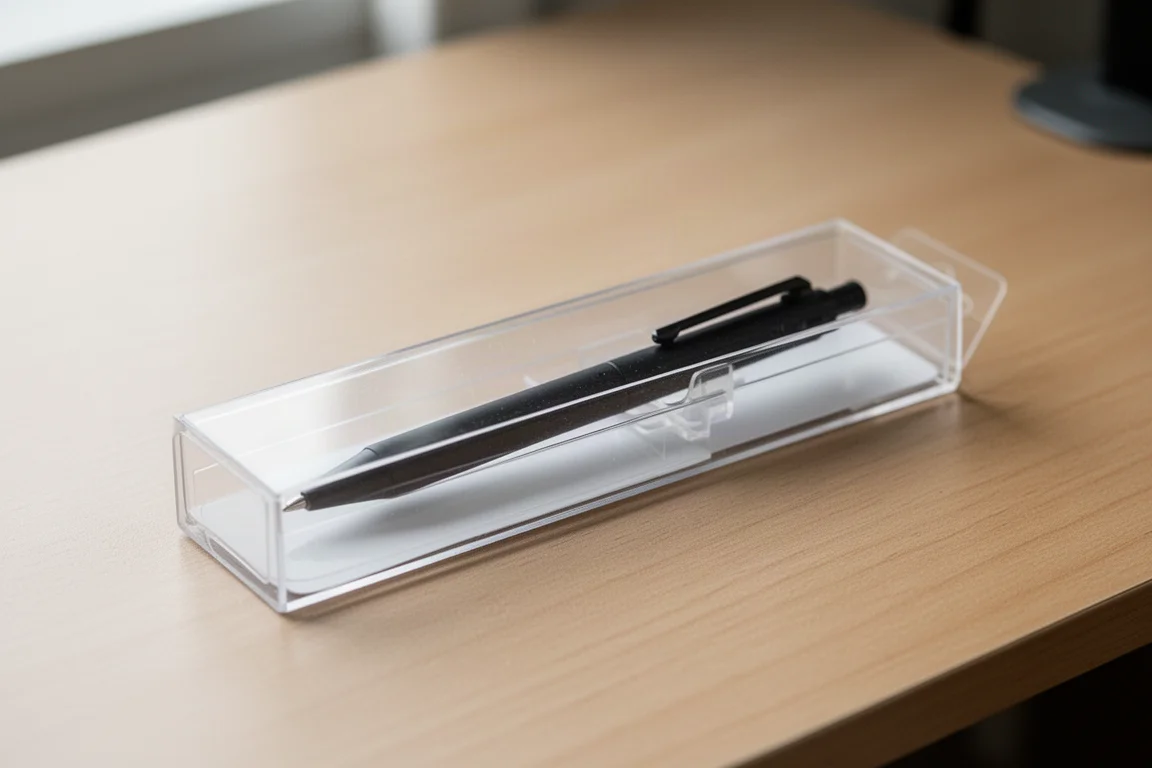 A mechanical pencil partially visible through a clear packaging box on a desk