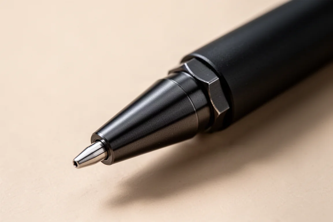 Close-up of a mechanical pencil tip showing a 4mm guide pipe and hexagonal ring
