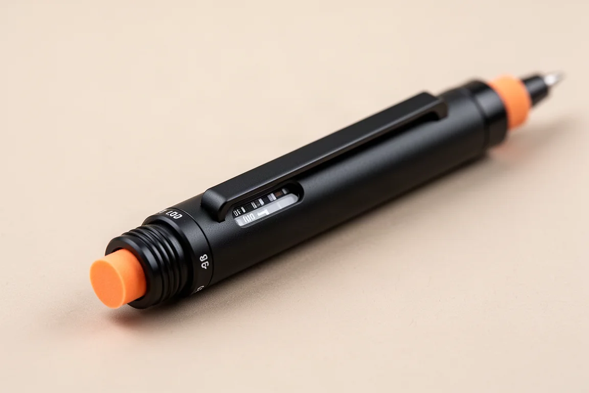 Lead grade window on the side of a black mechanical pencil knock cap