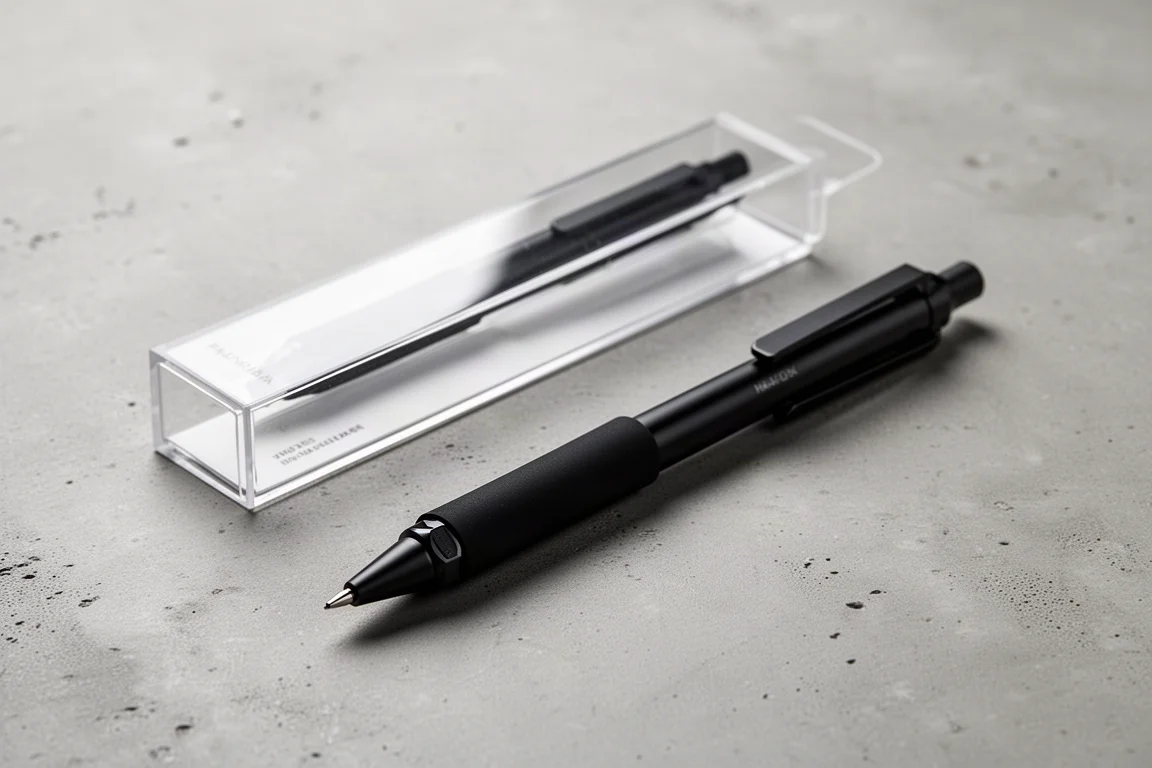Slim all-black mechanical pencil beside clear packaging on a concrete surface