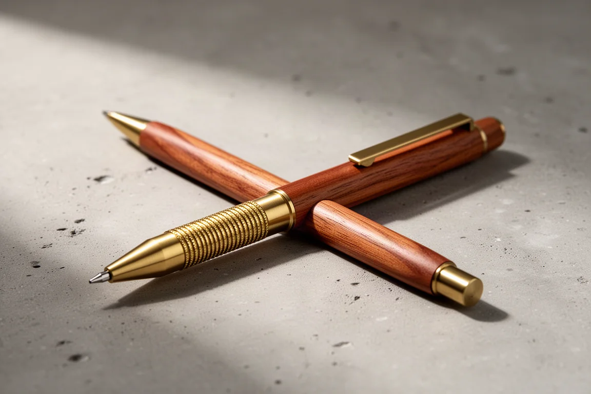 Cherry wood mechanical pencil with brass knurled grip on a concrete surface