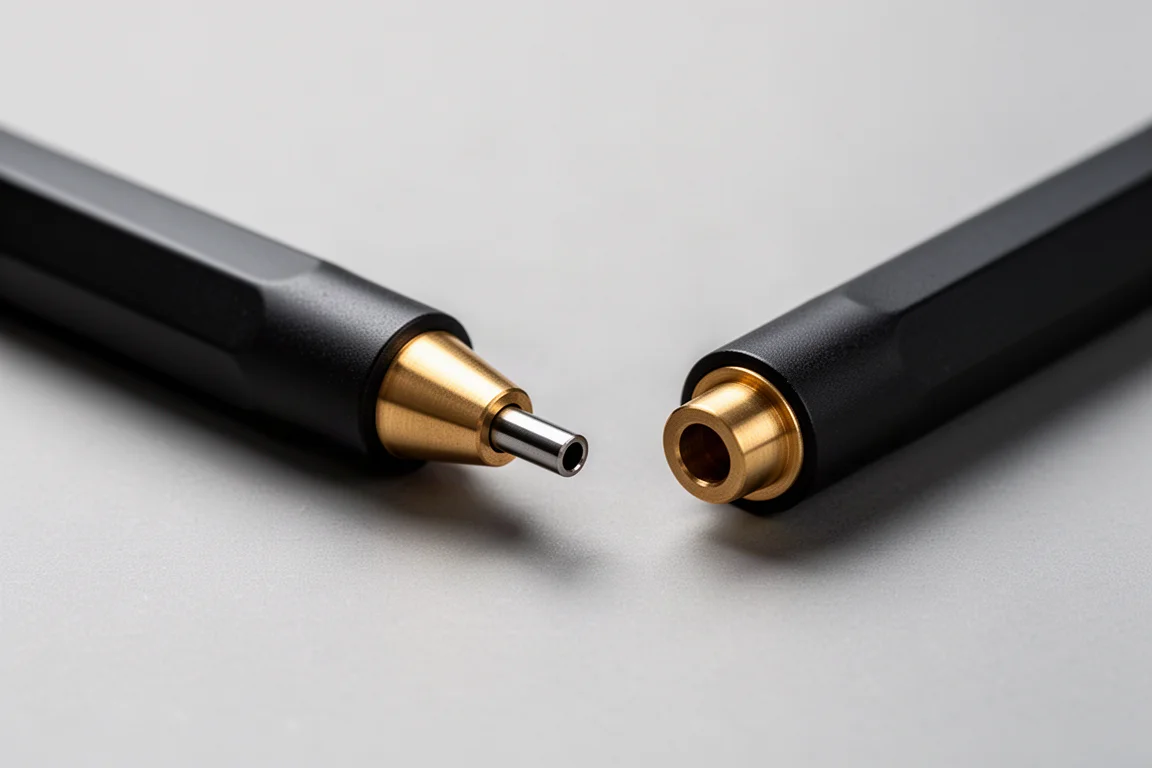Ingetrokken potloodpunt met drukmechanisme in detailweergave