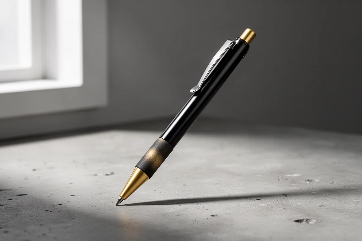 Glossy black mechanical pencil with brass tip on a matte concrete surface
