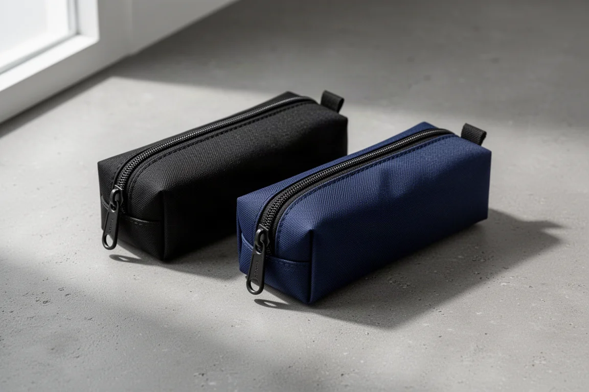 Two Cordura fabric pen cases in black and navy on a concrete surface