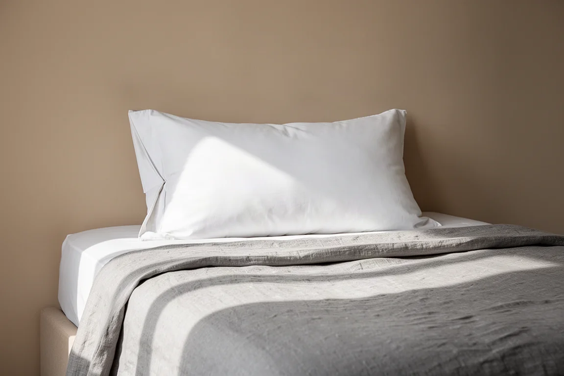 Plush white pillow resting on a neatly made bed with grey linen sheets