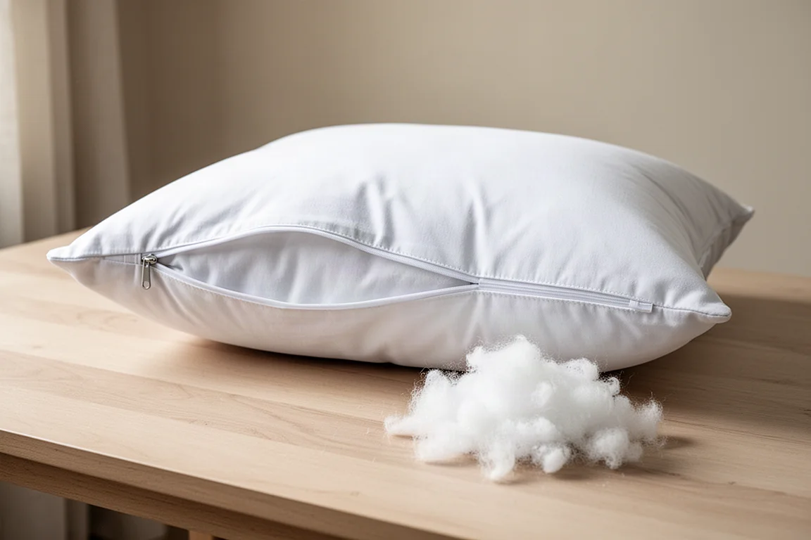 Open pillow with soft filling laid beside it for adjusting loft