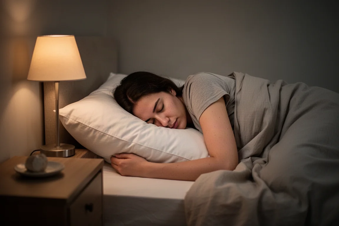 Sleeping woman resting on a white pillow at night