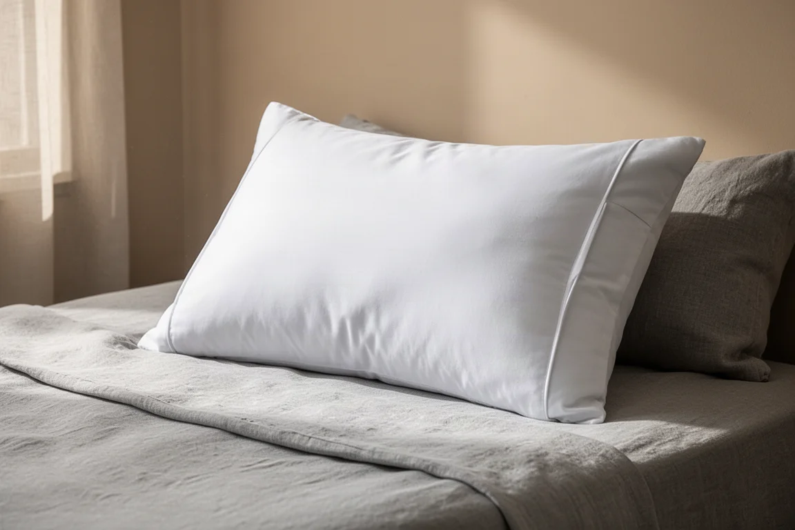 Plush white gusseted pillow on a neatly made bed with grey linen sheets
