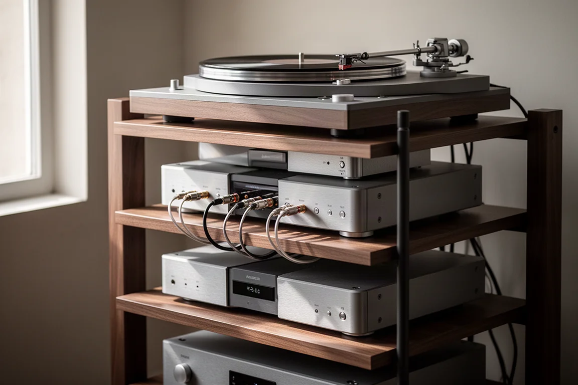Ukośny widok stojaka hi-fi z ułożonymi piętrowo metalowymi komponentami i okablowaniem między półkami