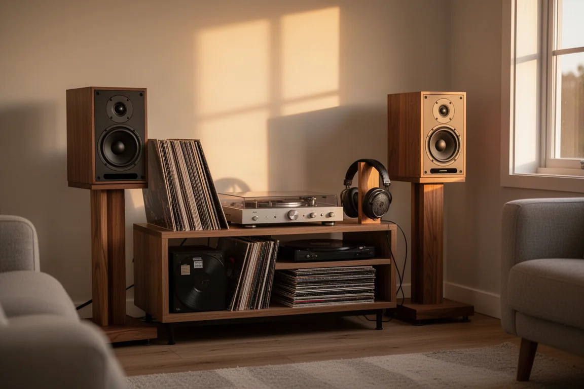 Kącik hi-fi w salonie podczas złotej godziny z kolumnami, winylami i słuchawkami