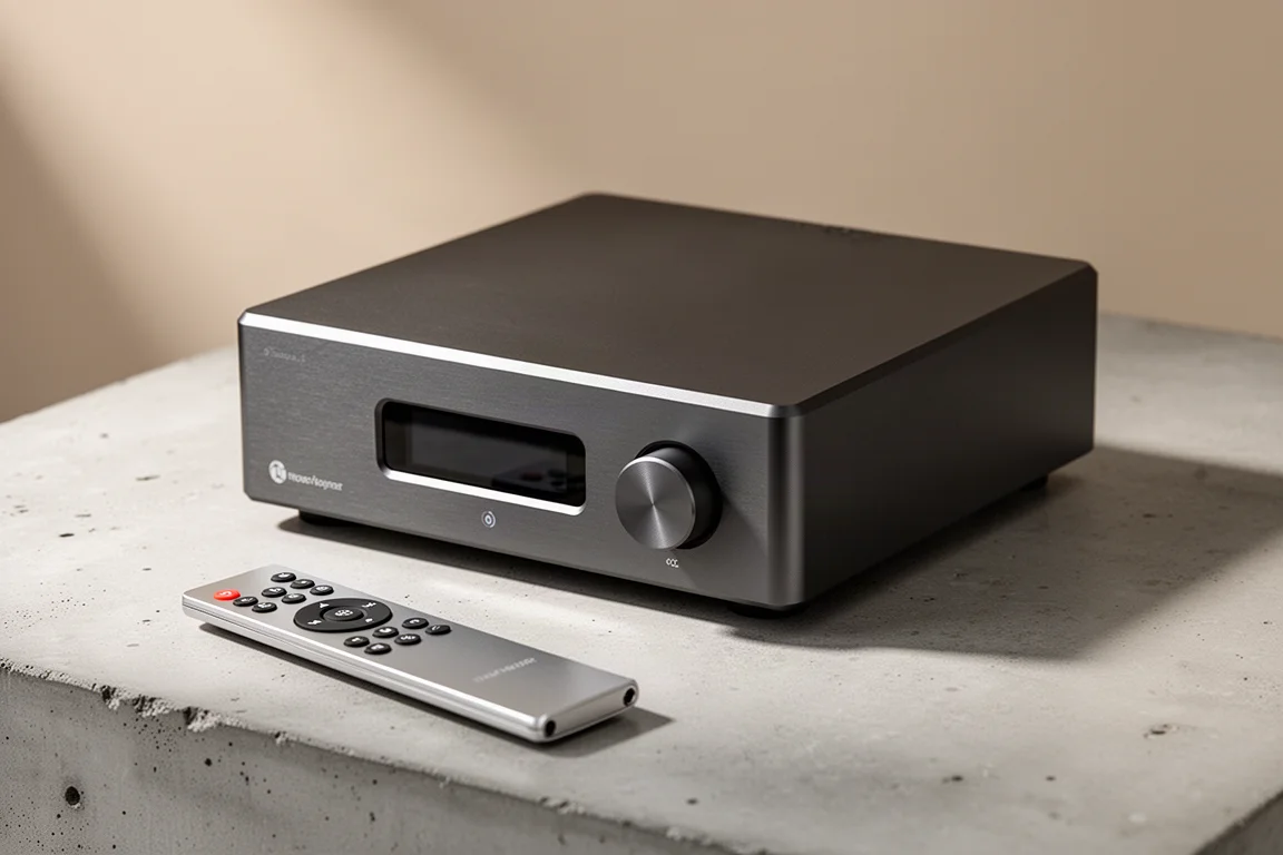 Compact graphite aluminium digital-to-analog converter with remote on a concrete surface