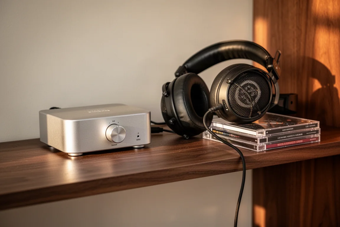 Small aluminium DAC and open-back headphones on a walnut shelf