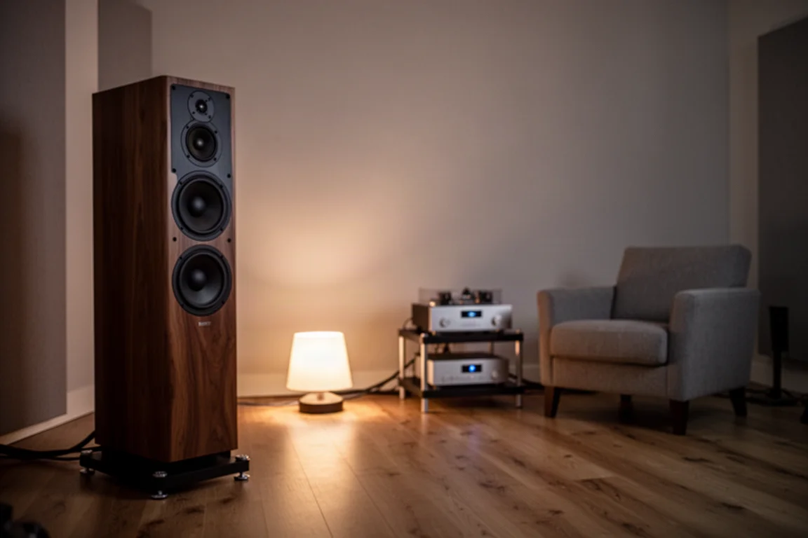 Listening room at dusk with speakers, lamp and wooden floor