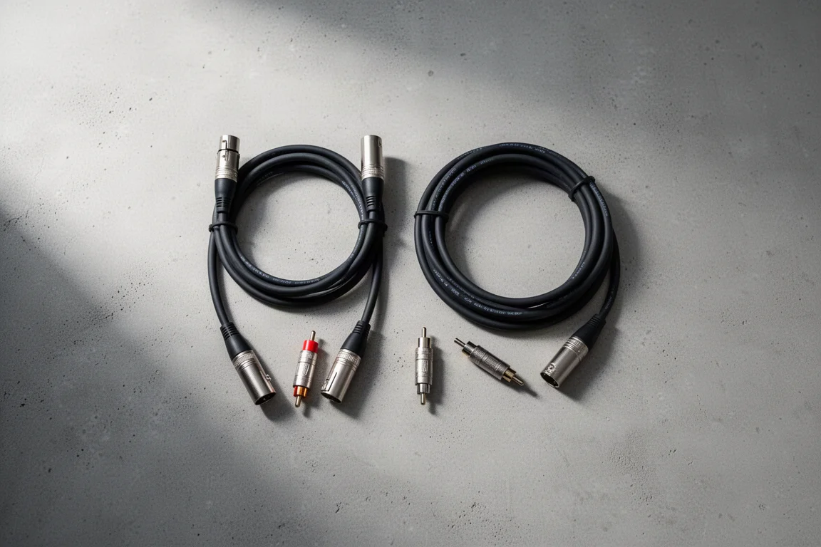 Flat-lay of balanced XLR cables and XLR to RCA adapters on concrete