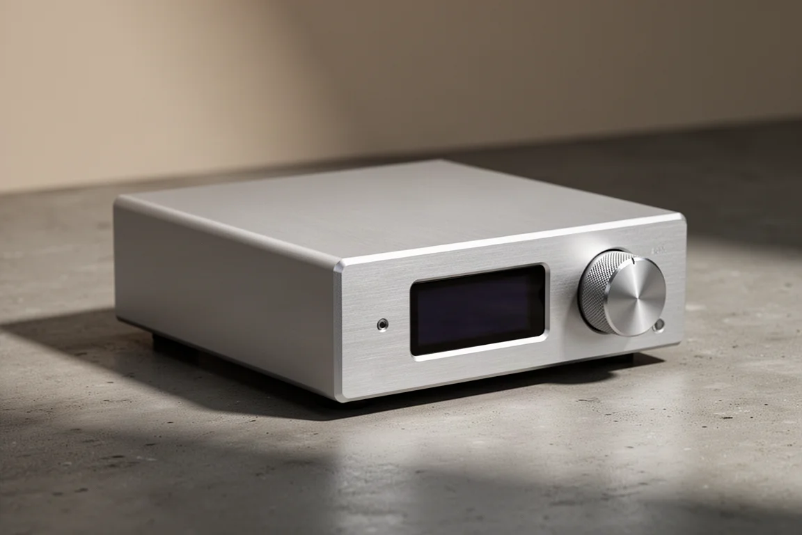 Compact silver aluminium DAC with a single knob on a concrete surface