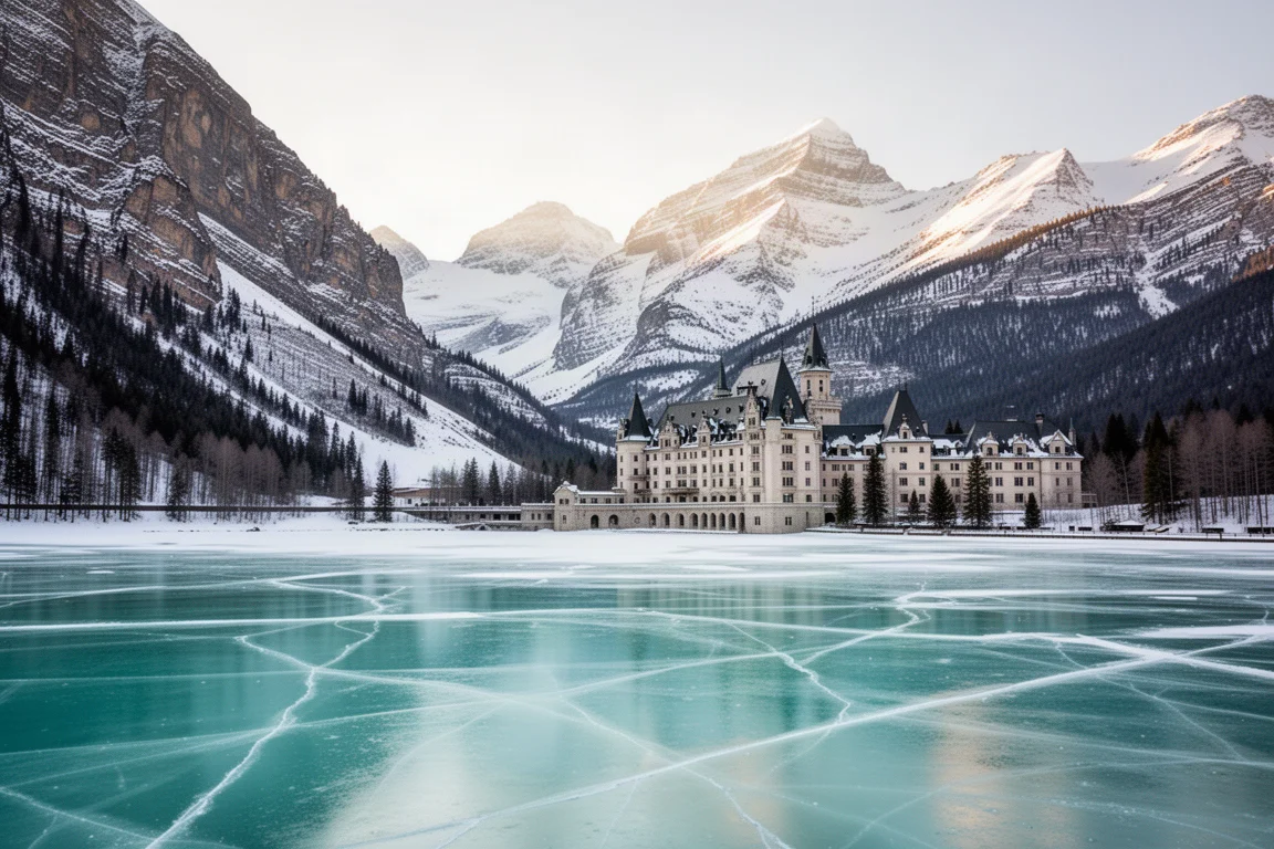 Lago turquesa congelado abaixo de picos cobertos de neve com um hotel estilo château