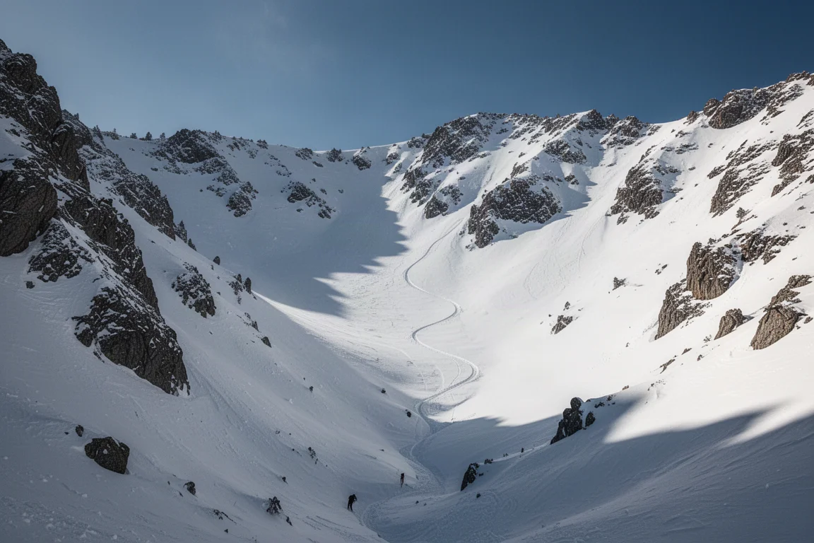 Bacia alpina alta com powder intocado e um único rastro de esqui