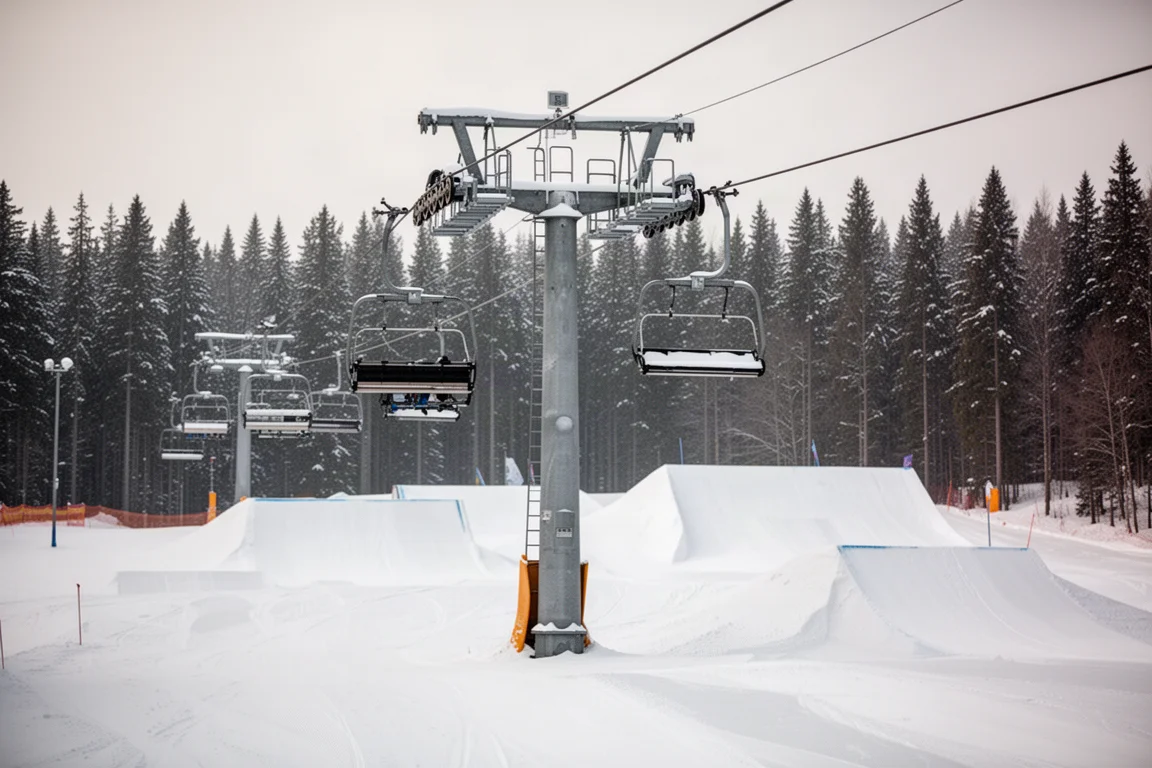 Torre de chairlift coberta de neve acima de uma pista preparada e um terrain park