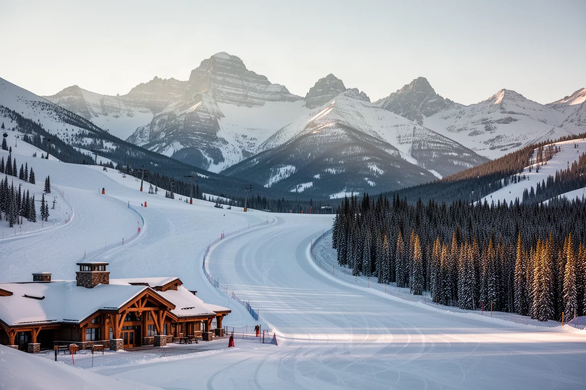 Snow-covered Rocky Mountain peaks above groomed runs at a large alpine ski resort