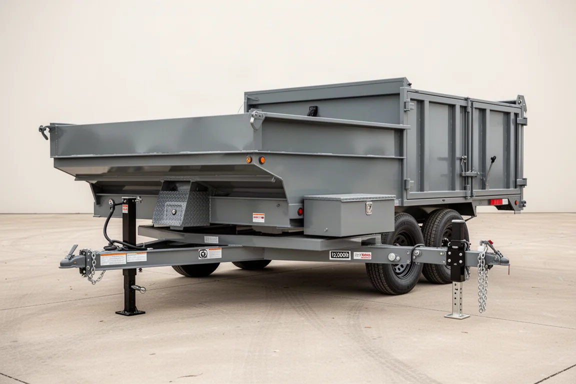 Gray heavy-duty dump trailer parked on a concrete lot in soft overcast light