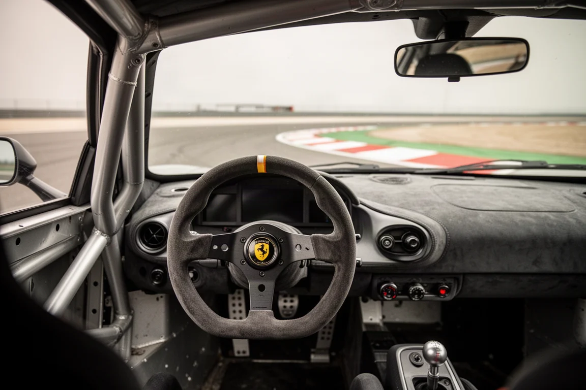 Cockpitblick aus dem Innenraum eines Supersportwagens über das Lenkrad auf einer Rennstrecke