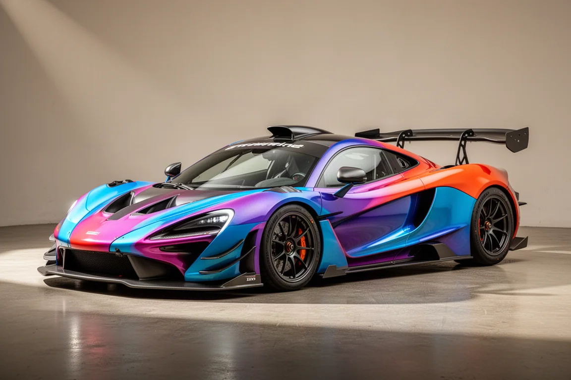 Track-focused supercar with shark fin and raised rear wing on concrete surface