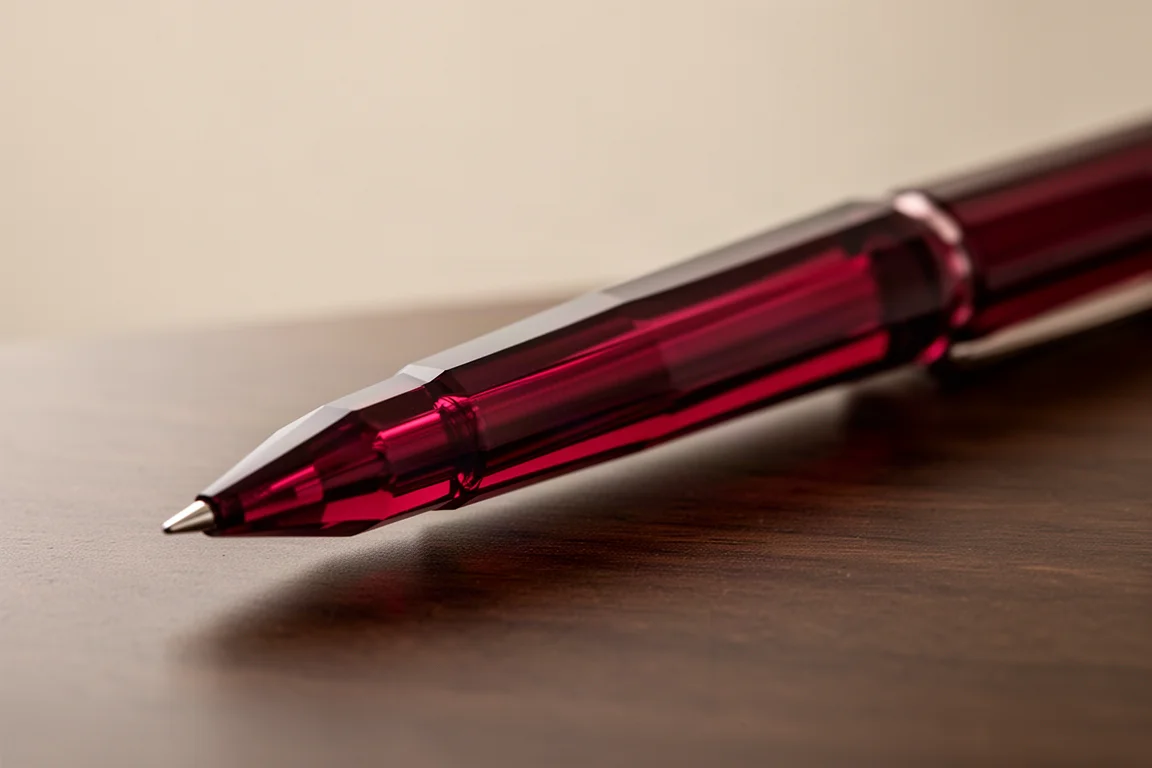 Corpo facetado vermelho de caneta-tinteiro refletindo luz sobre uma escrivaninha escura